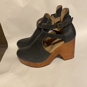 Free People Black Leather Mules with Brown Wooden Heels
